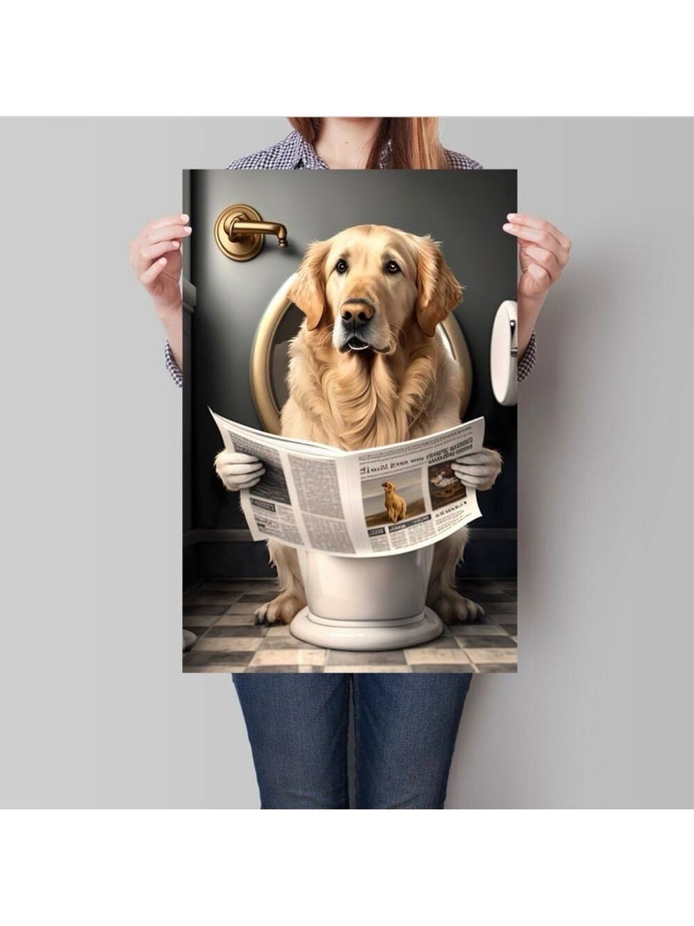 The Thinker Dog Canvas Bathroom Wall Art Funny Golden Retriever Decor Print